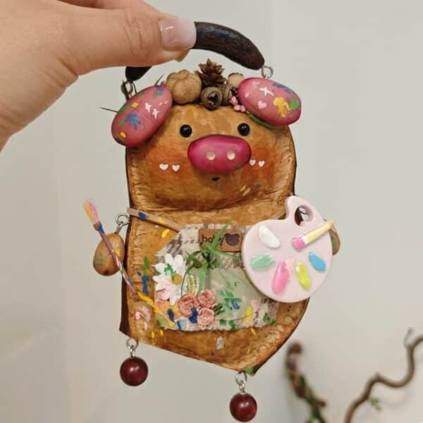 Hand-Painted Artist Pig Seed Pod Ornament