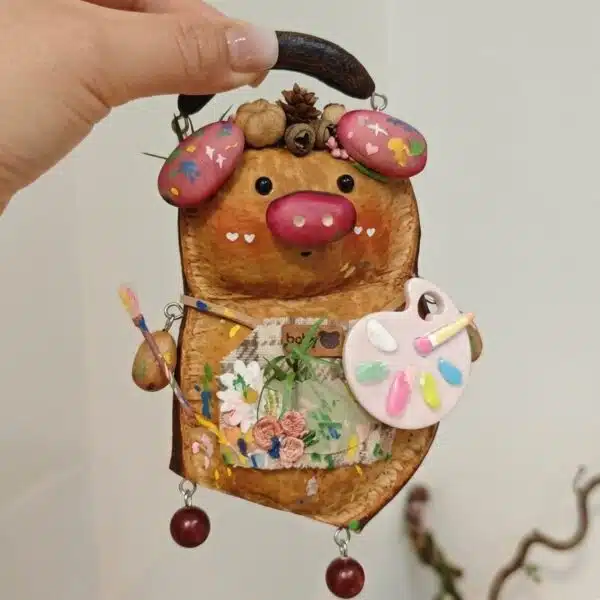 Hand Painted Artist Pig Seed Pod Ornament Quirky Craft Room Decor (2) Hand-Painted Artist Pig Seed Pod Ornament